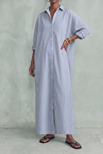 Flora Button Stripe Slit Maxi Dress