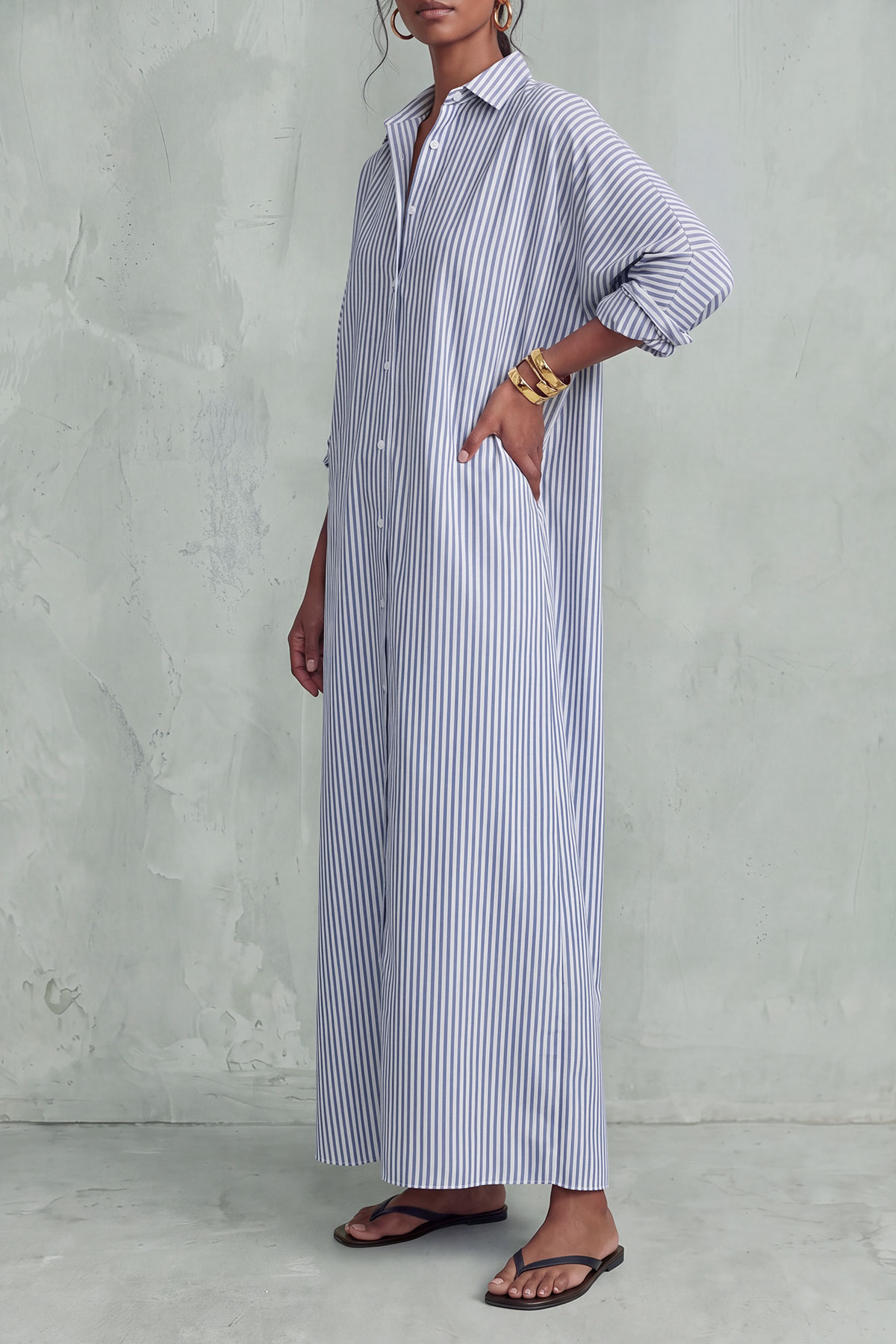 Flora Button Stripe Slit Maxi Dress