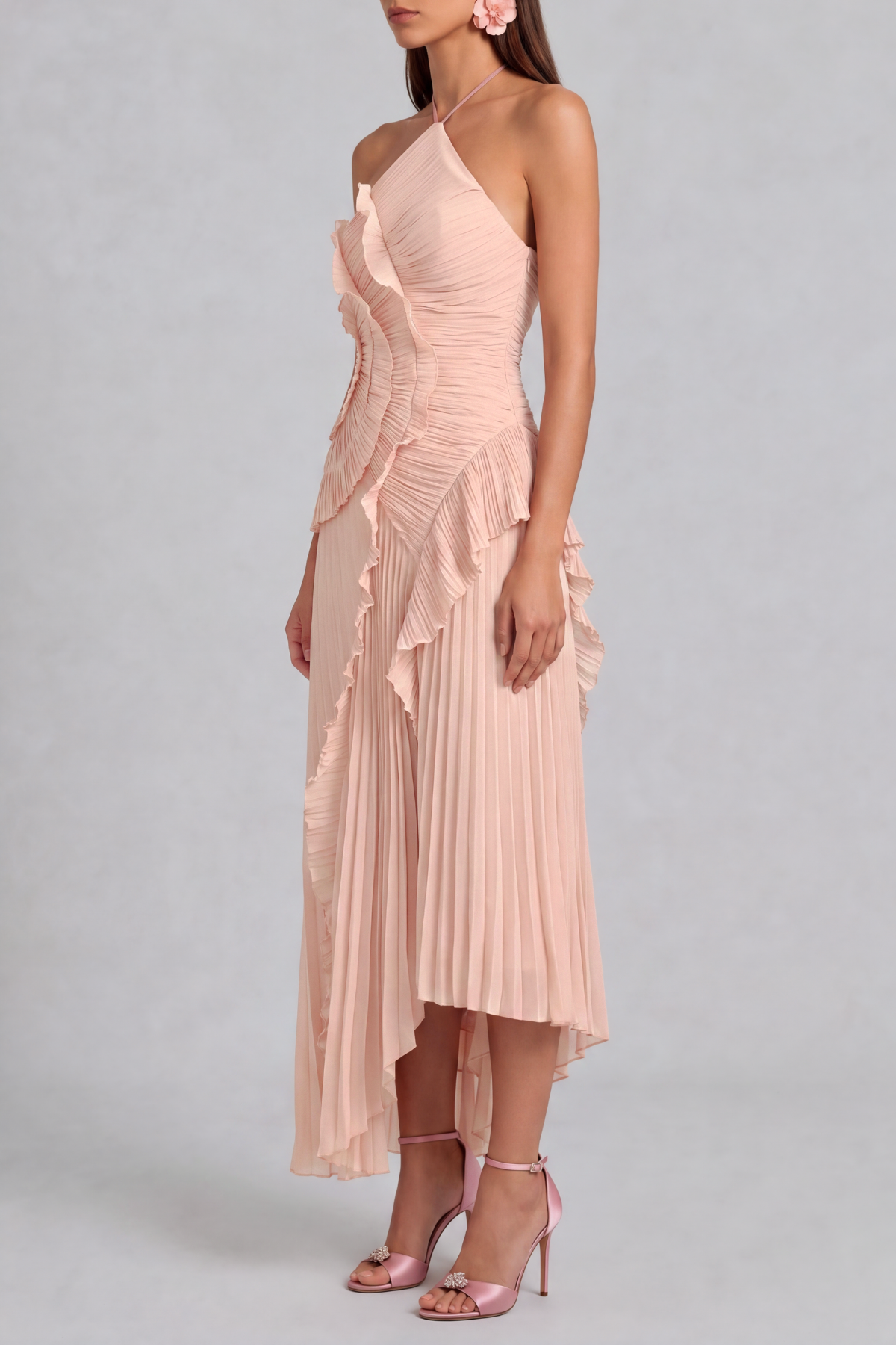 Gabriella Ruffled Pleated Midi Dress In Pink