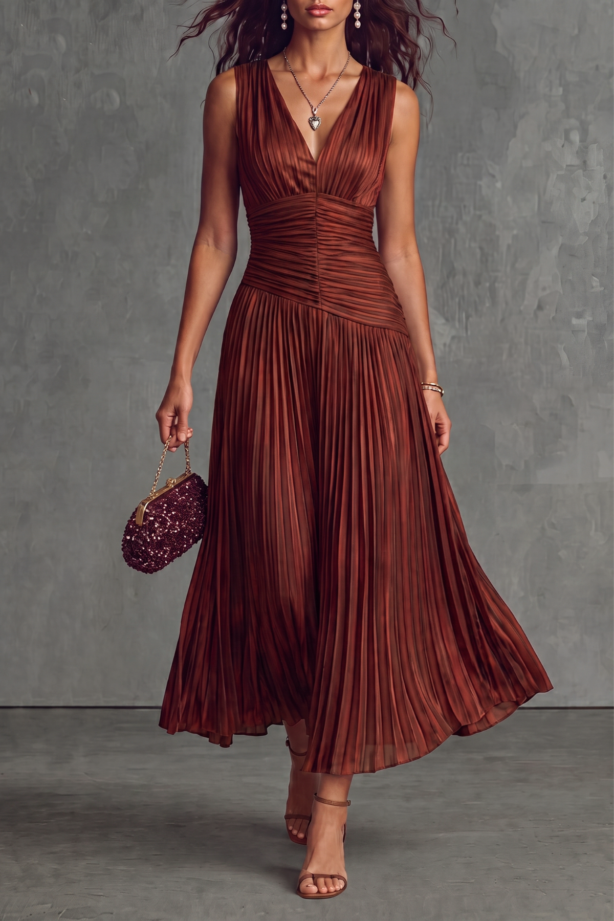 Galithen V Neck Pleated Striped Midi Dress