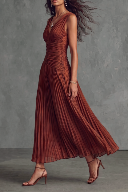 Galithen V Neck Pleated Striped Midi Dress
