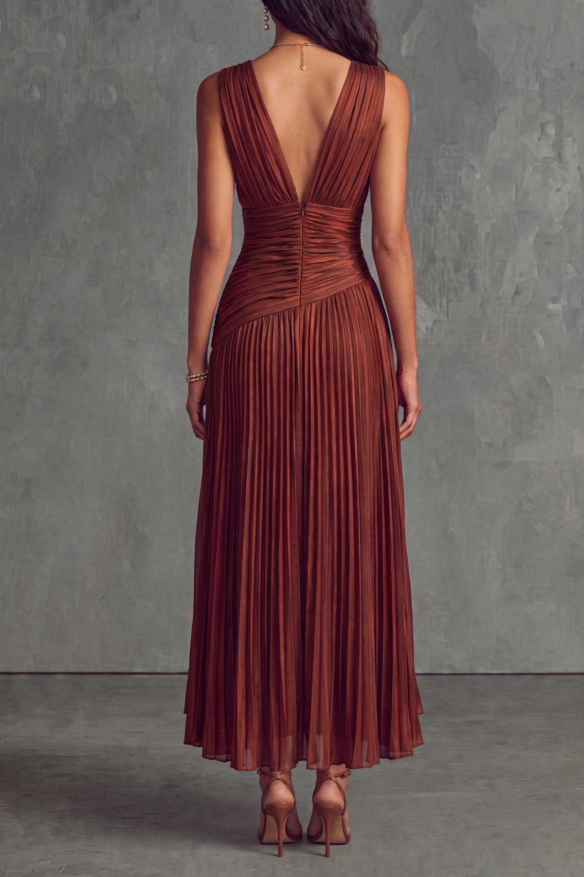 Galithen V Neck Pleated Striped Midi Dress