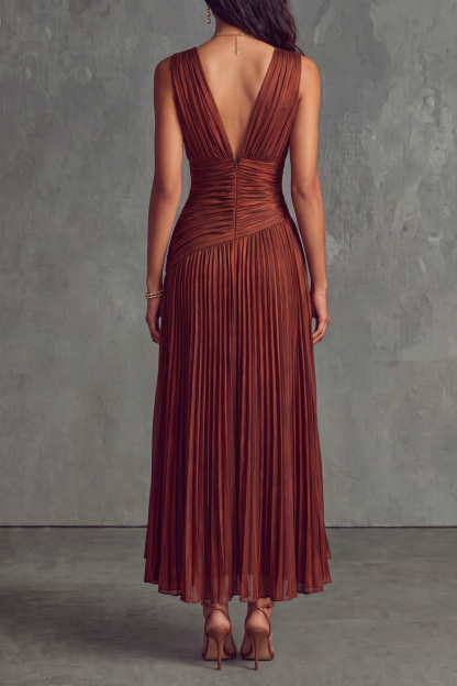 Galithen V Neck Pleated Striped Midi Dress