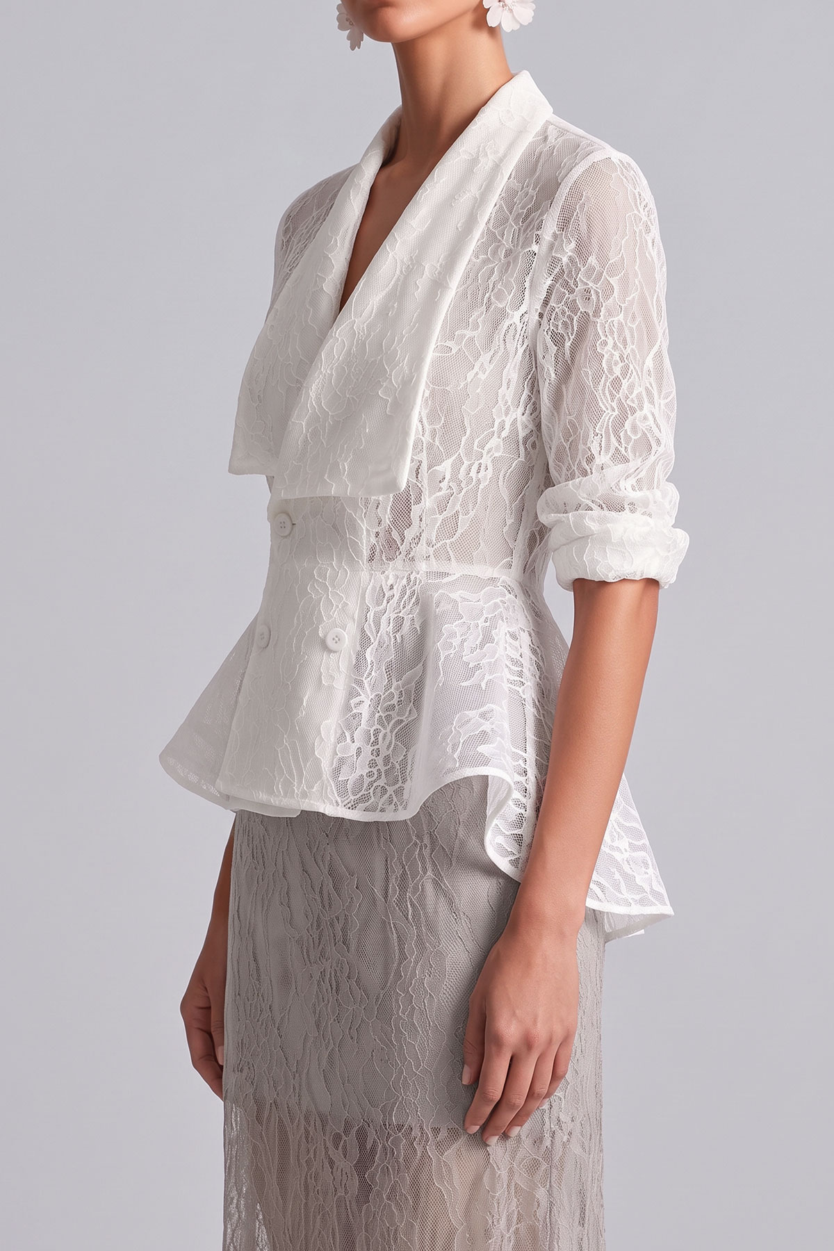 Gisella V Neck Lace Wrap Peplum Blouse