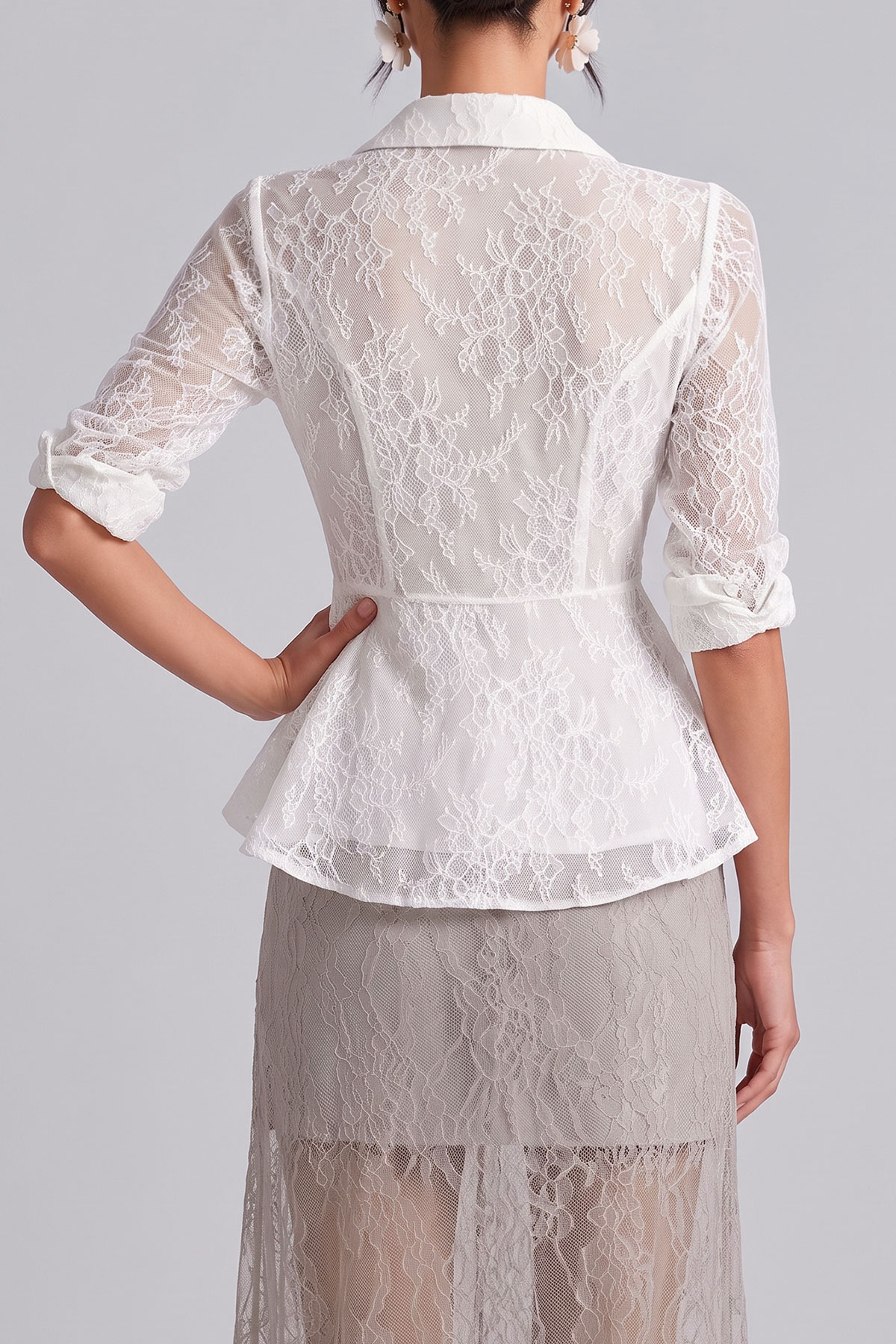 Gisella V Neck Lace Wrap Peplum Blouse