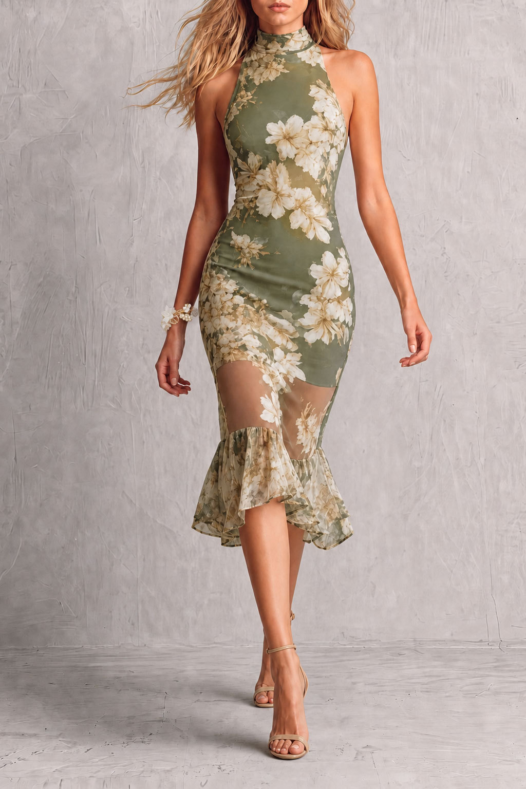 Givoria Floral Ruffle Hem Midi Dress