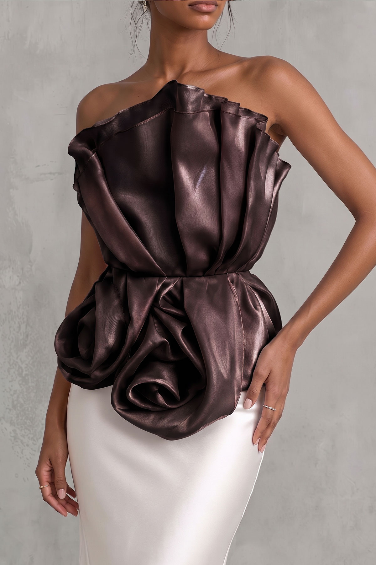 Guinevere Off Shoulder Flower Top In Brown