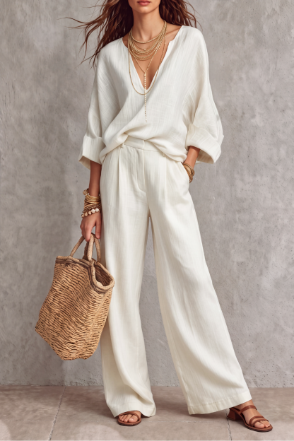 Haveris V Neck High Waist Pants Set