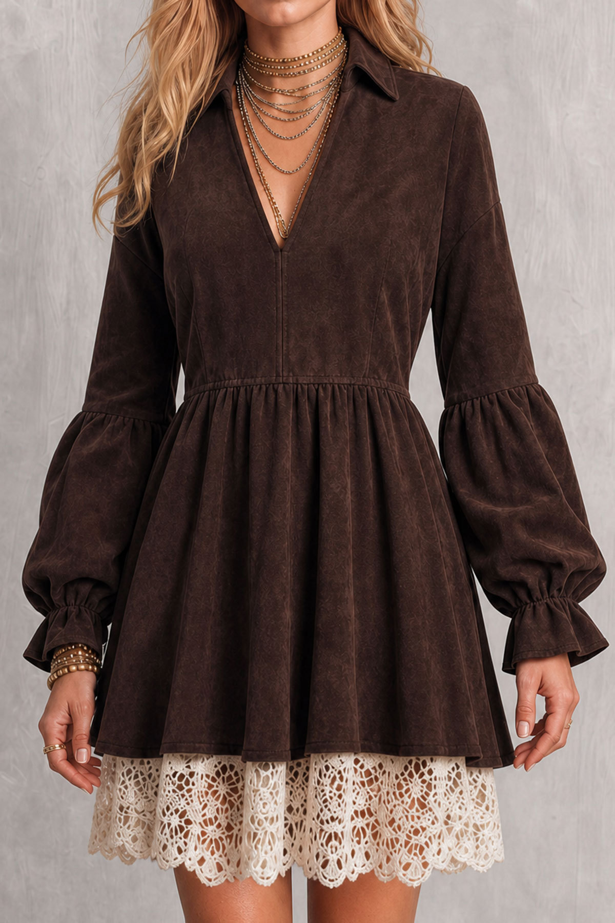 Ismeria Lantern Sleeve Lace Hem Mini Dress