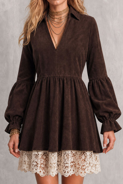 Ismeria Lantern Sleeve Lace Hem Mini Dress
