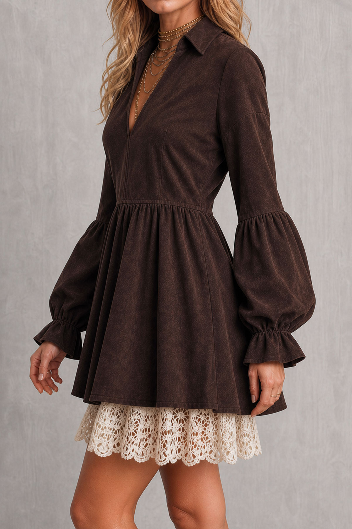 Ismeria Lantern Sleeve Lace Hem Mini Dress