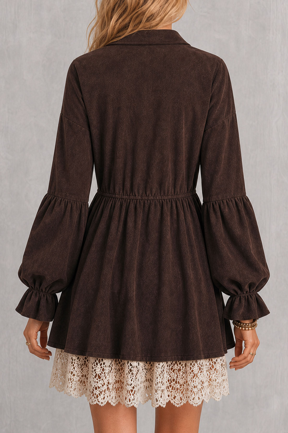 Ismeria Lantern Sleeve Lace Hem Mini Dress