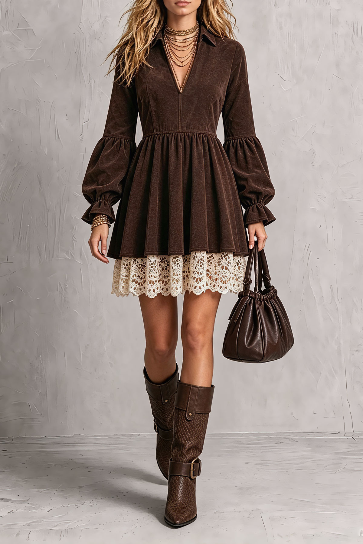 Ismeria Lantern Sleeve Lace Hem Mini Dress