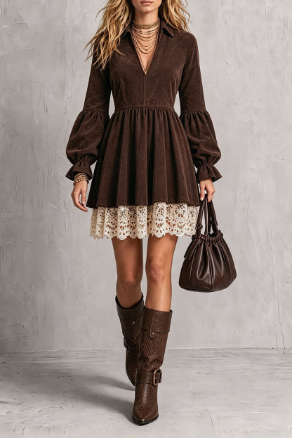 Ismeria Lantern Sleeve Lace Hem Mini Dress