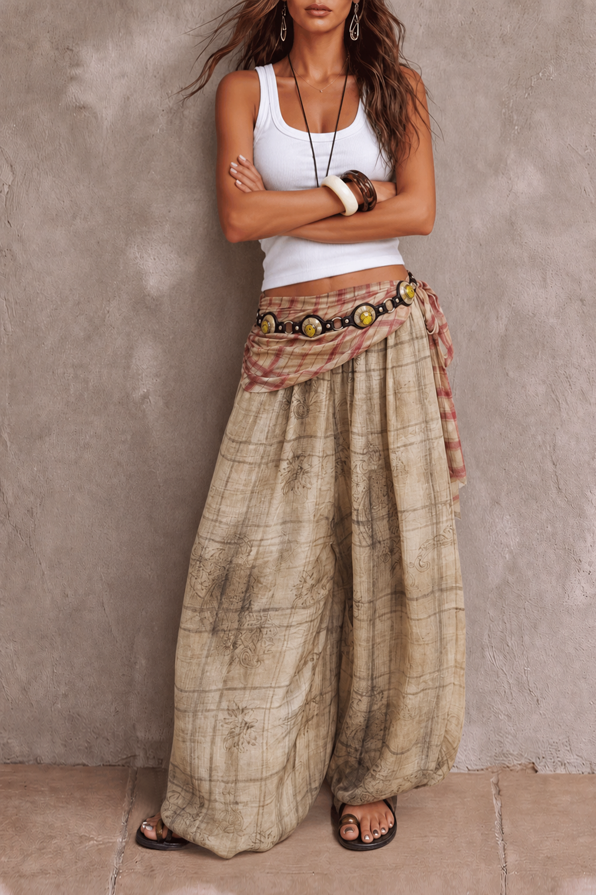 Iverna Floral Check Wide Leg Pants