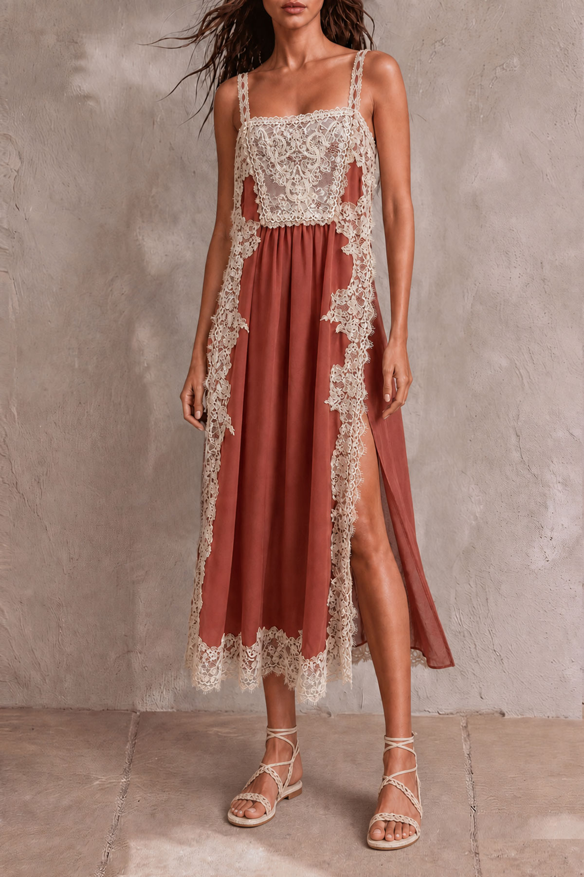 Jocelyn Spaghetti Lace Slid Midi Dress