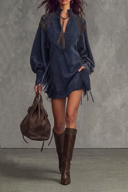 Juliana Embroidered Fringe Mini Dress