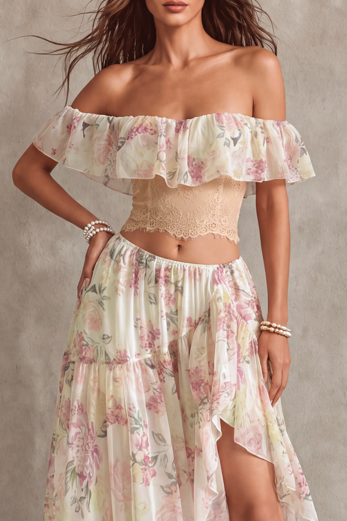 June Floral Lace High Low Skirt Set