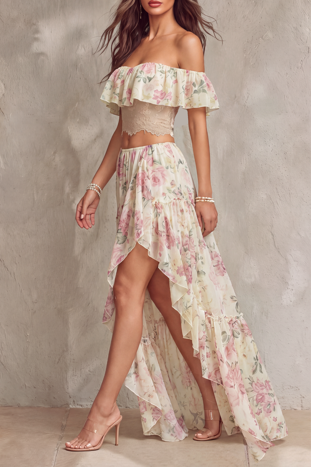 June Floral Lace High Low Skirt Set