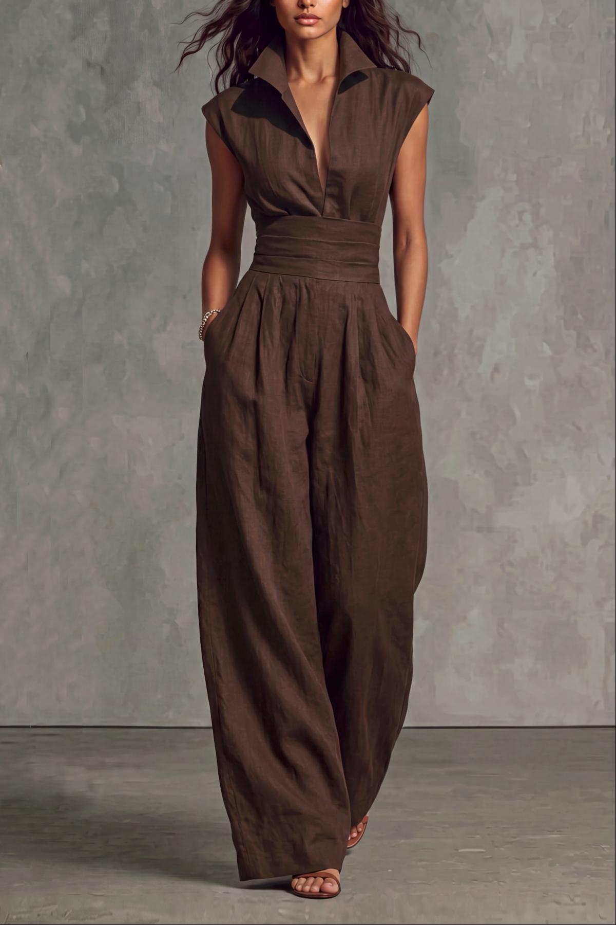 Kaelith Plunge Neck Sash Waist Jumpsuit
