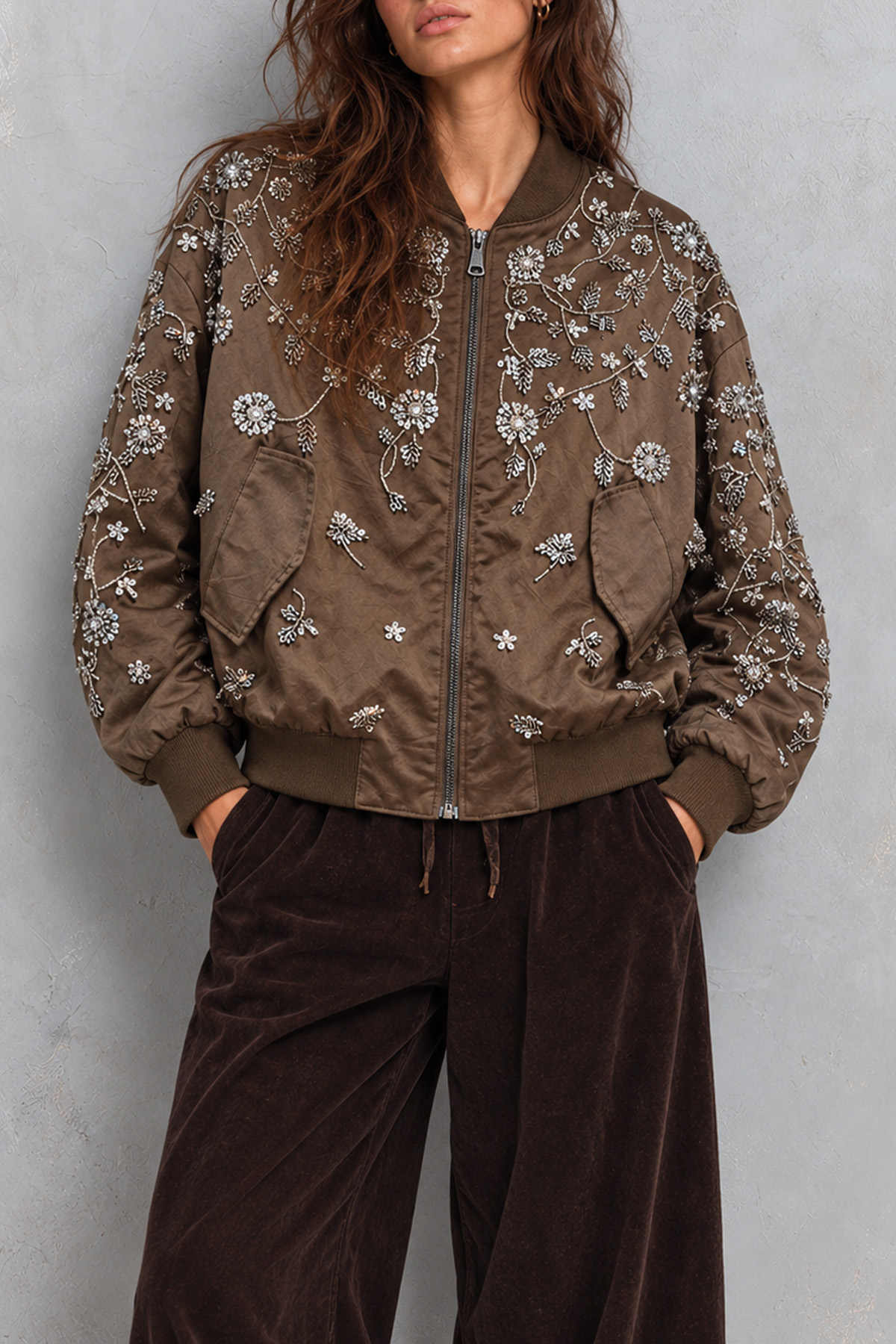Kalani Flower Embellished Zipper Jacket