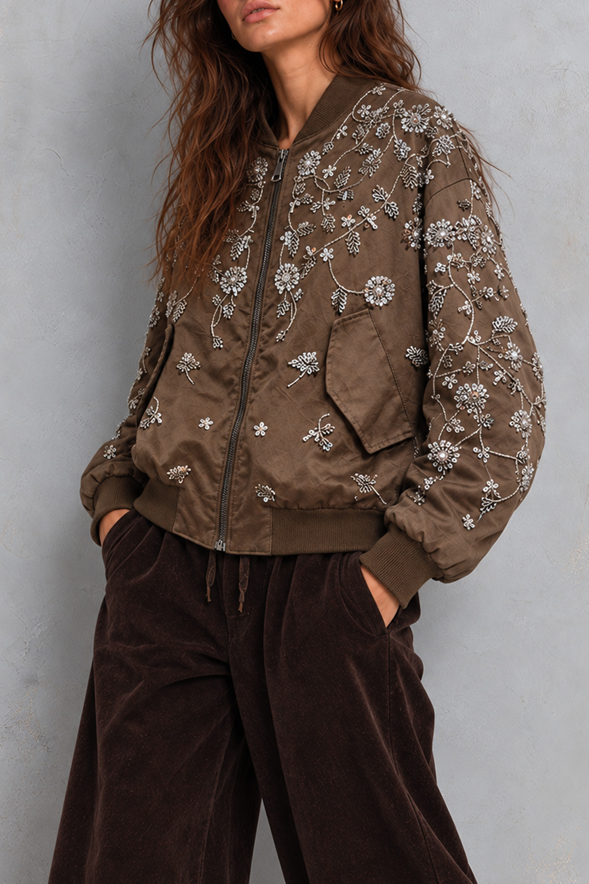 Kalani Flower Embellished Zipper Jacket