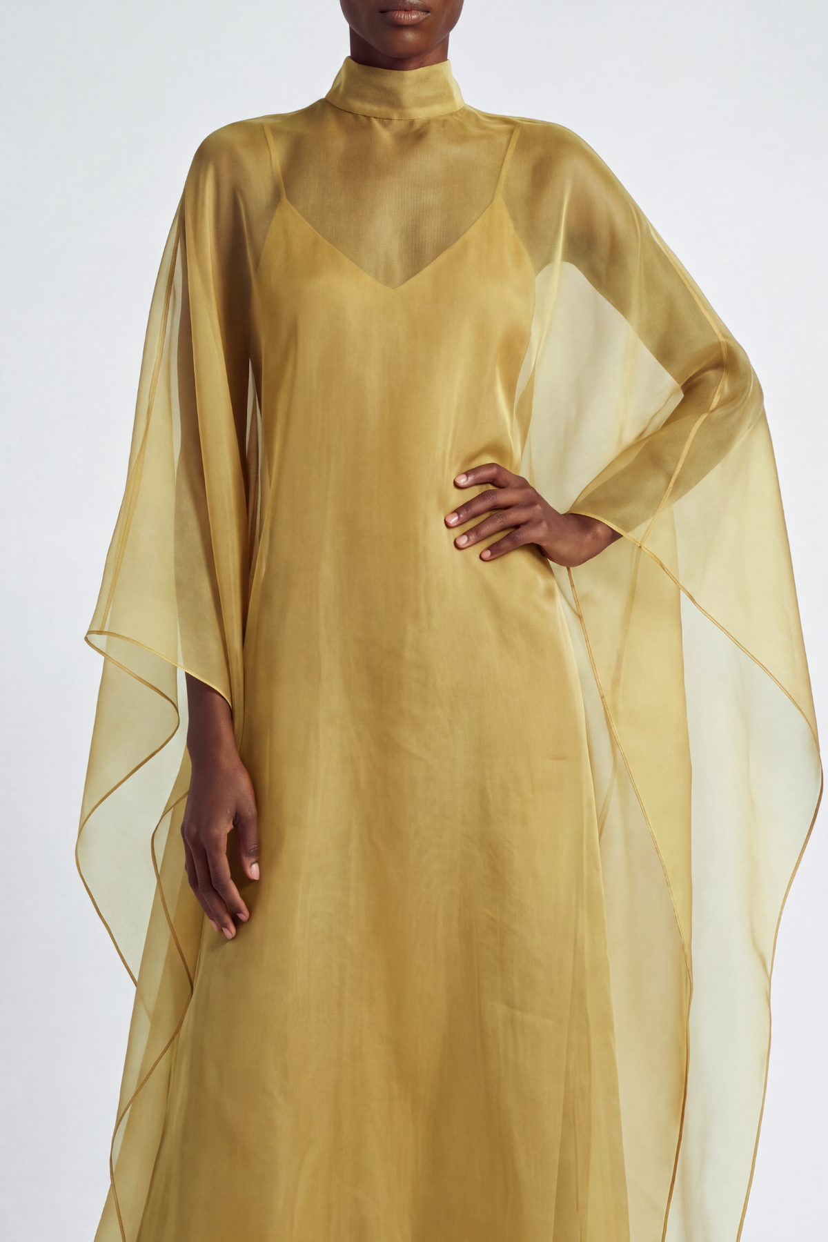 Karina High Neck Mesh Maxi Dress In Gold