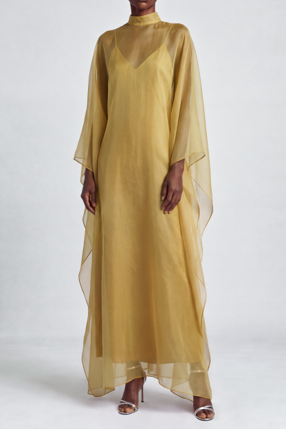 Karina High Neck Mesh Maxi Dress In Gold