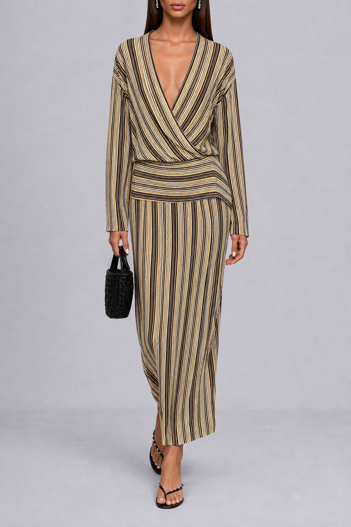 Kelsey Plunge Neck Stripe Midi Dress