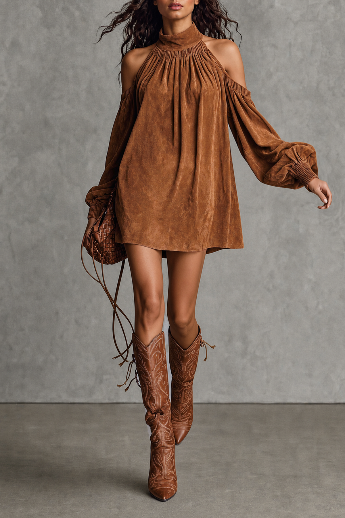 Kelvora Long Sleeve Suede Mini Dress
