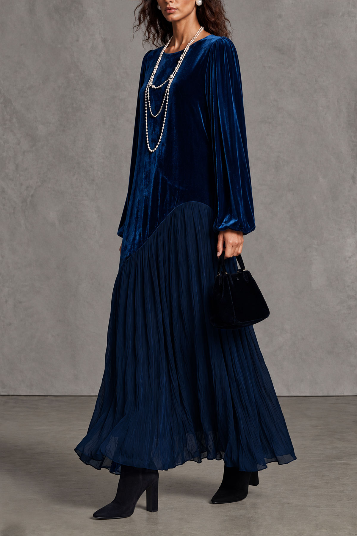 Kotono Balloon Sleeve Velvet Maxi Dress In Blue