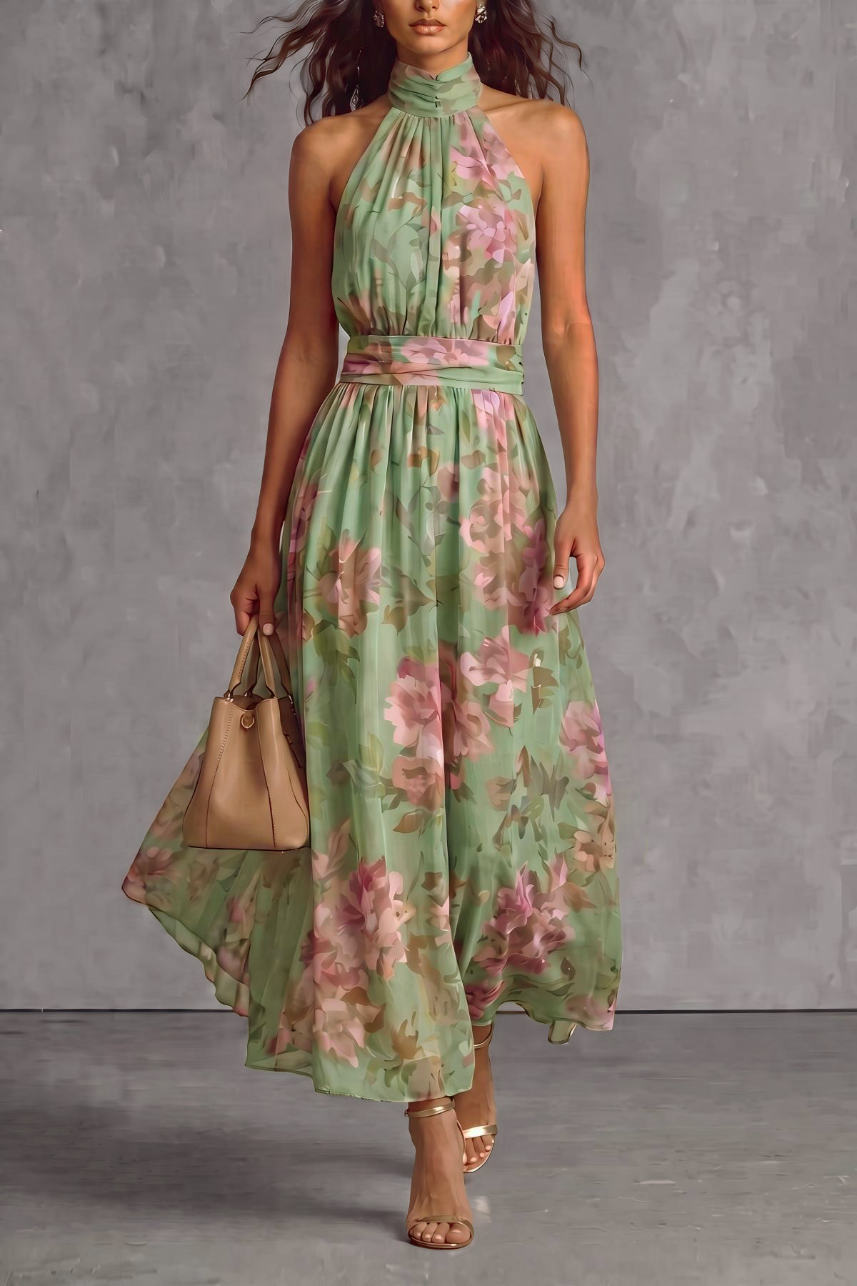 Kylora Halter Neck Floral  Maxi Dress