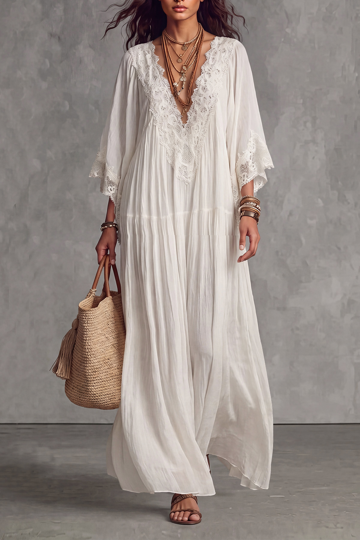 Lana Plunge Neck Lace Trim Maxi Dress