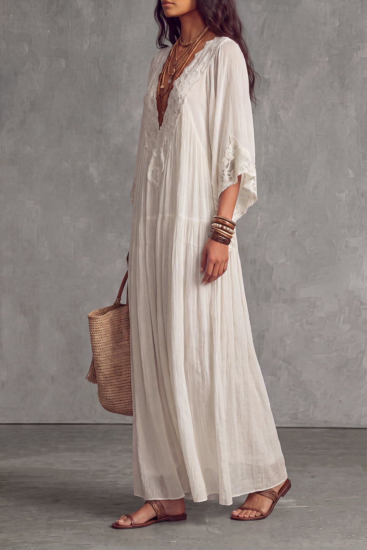 Lana Plunge Neck Lace Trim Maxi Dress