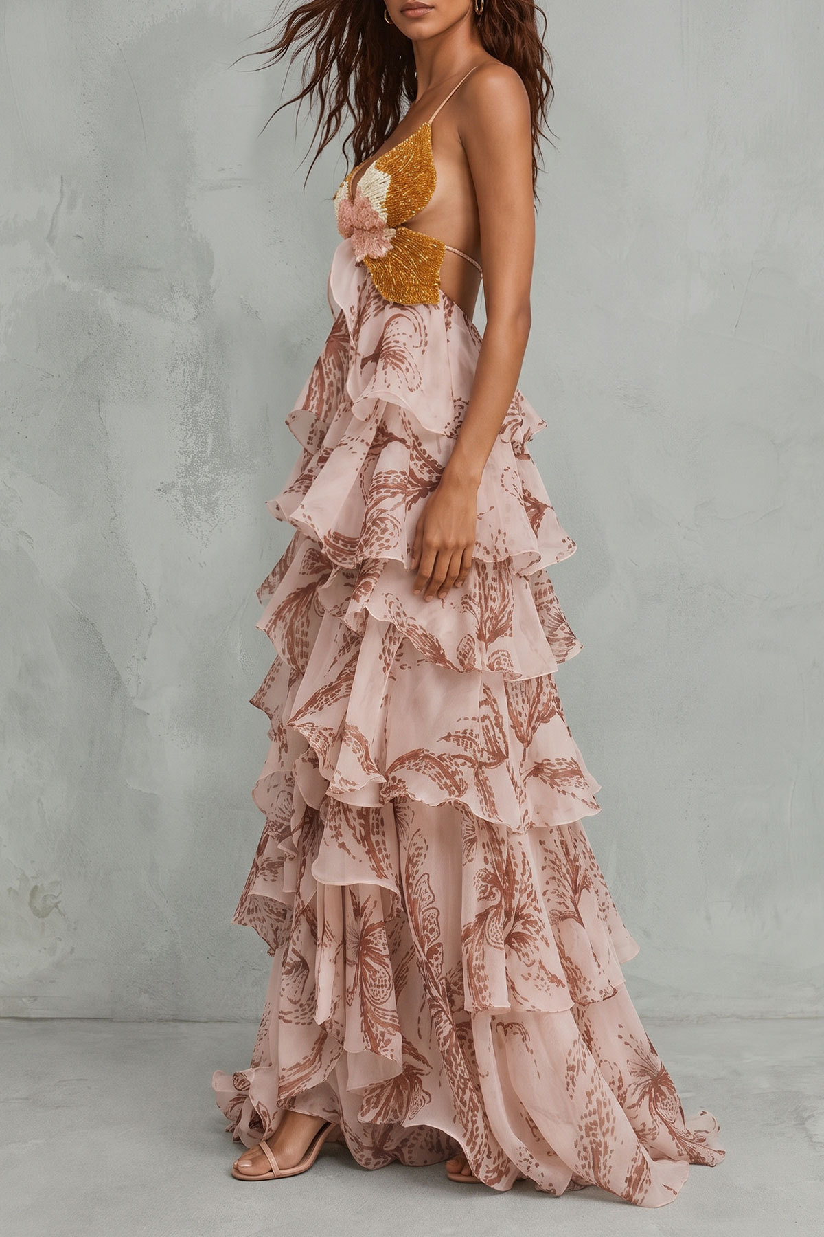 Laurel Butterfly Floral Ruffle Maxi Dress