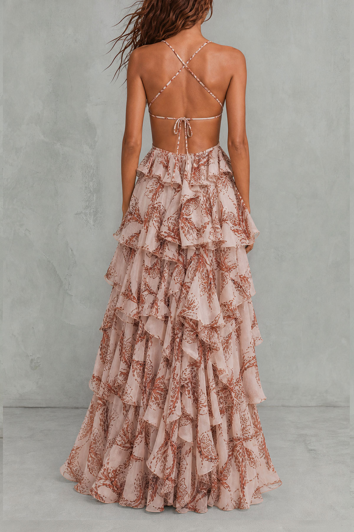 Laurel Butterfly Floral Ruffle Maxi Dress