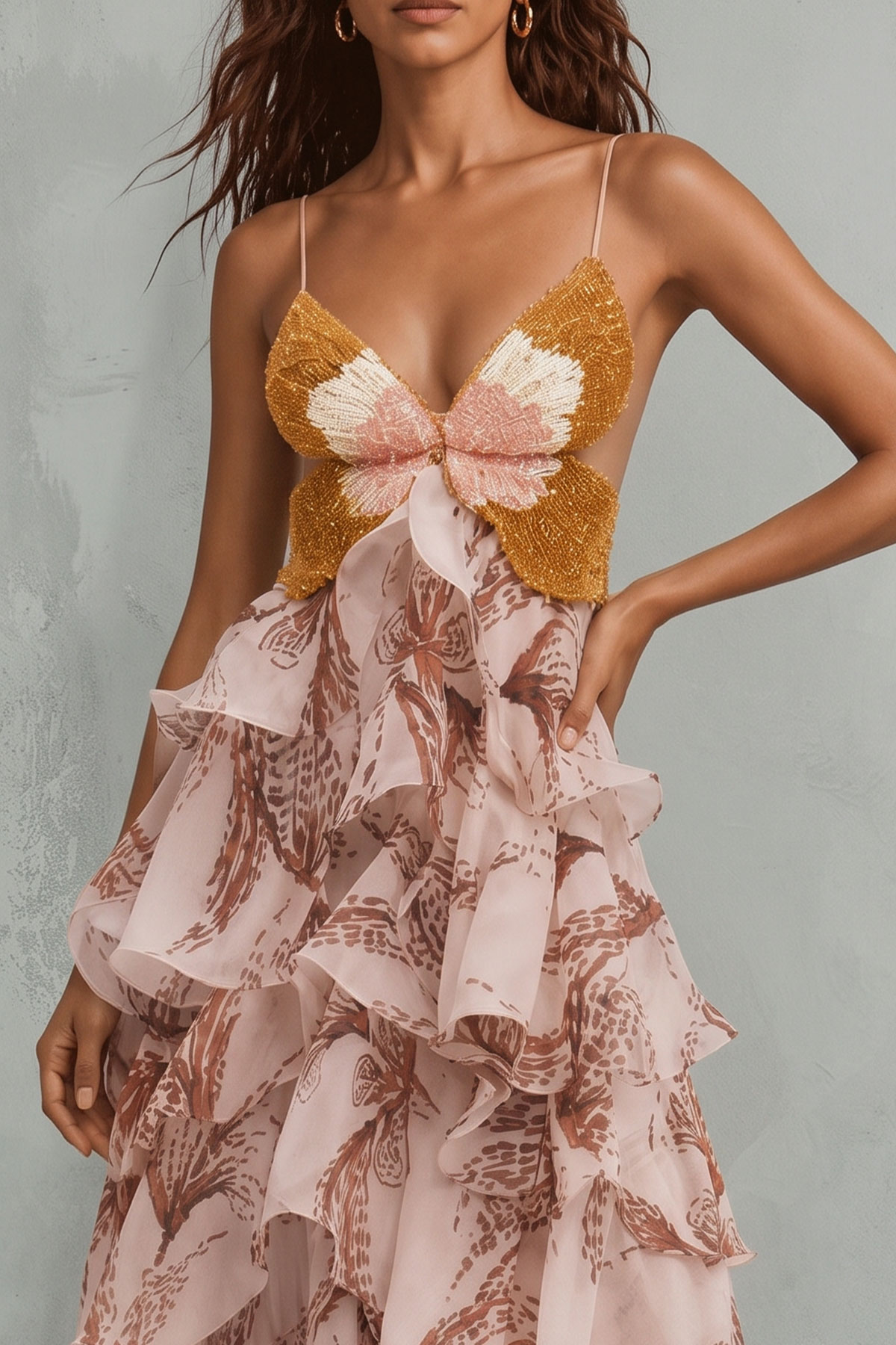 Laurel Butterfly Floral Ruffle Maxi Dress