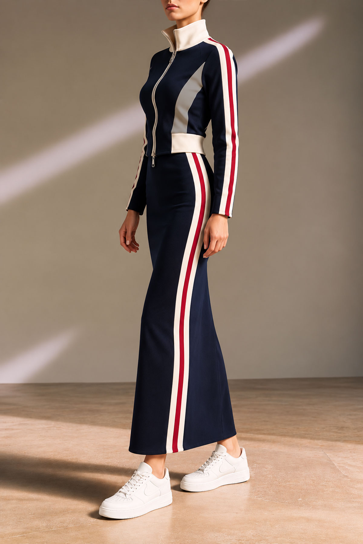 Lavinia High Neck Zipper Stripe Skirt Set