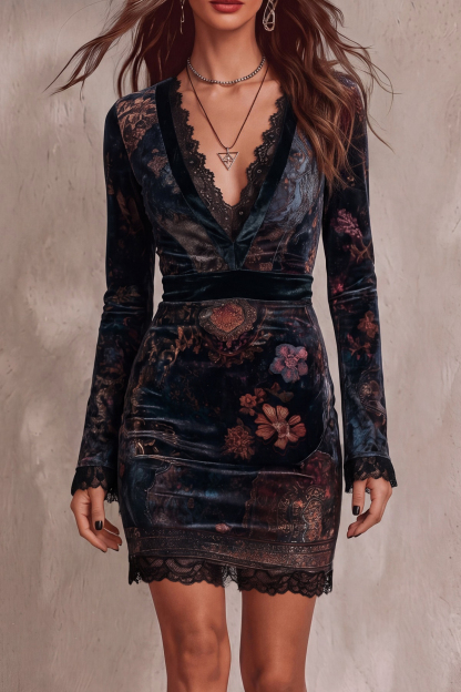 Lavinia V Neck Floral Lace Trim Mini Dress