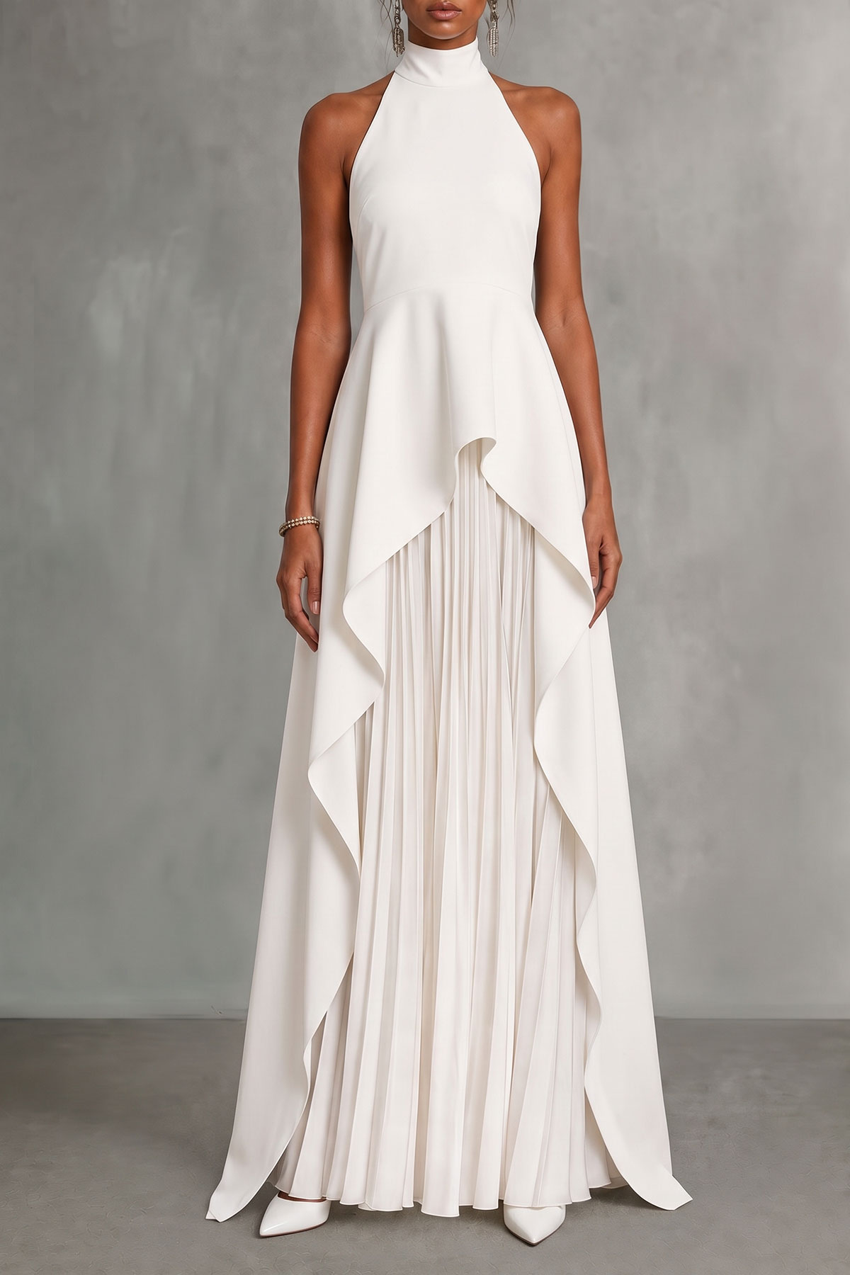 Leona High Neck Asymmetrical Skirt Set In White