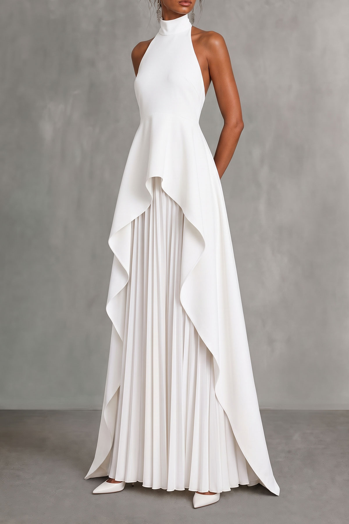 Leona High Neck Asymmetrical Skirt Set In White