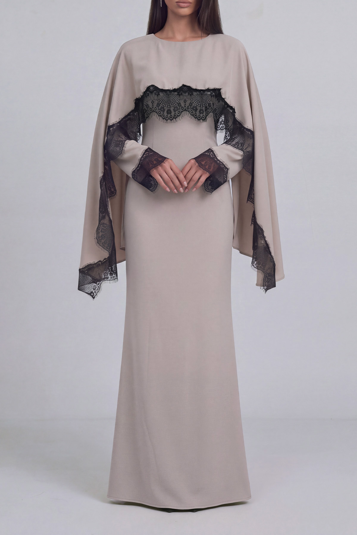 Lisette Cape Sleeve Lace Trim Maxi Dress