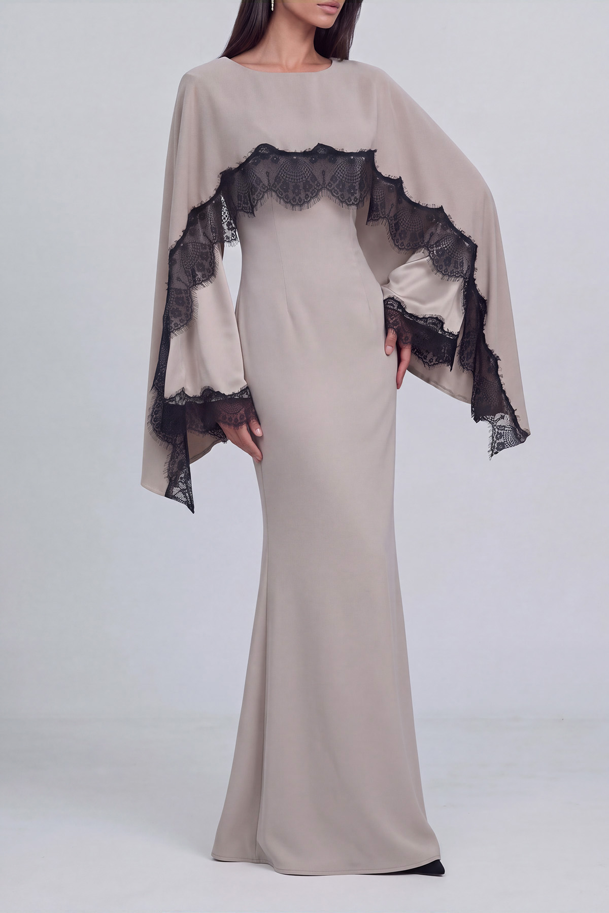 Lisette Cape Sleeve Lace Trim Maxi Dress
