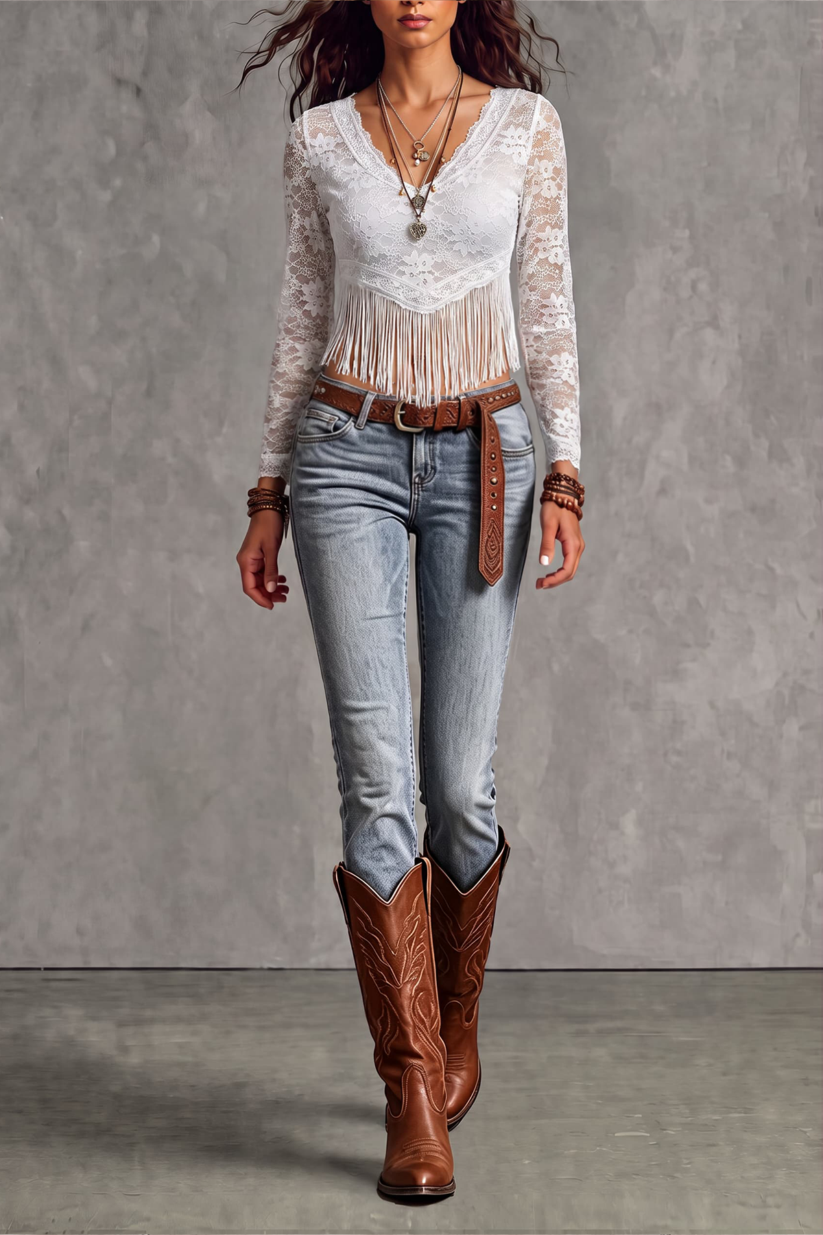 Lorvyn Long Sleeve Lace Fringe Top
