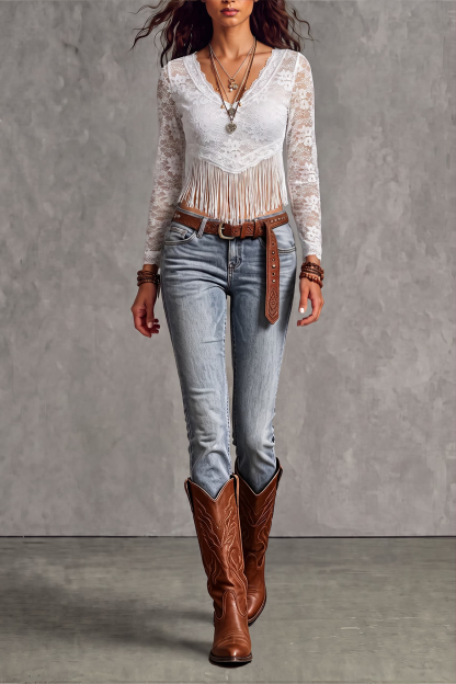 Lorvyn Long Sleeve Lace Fringe Top
