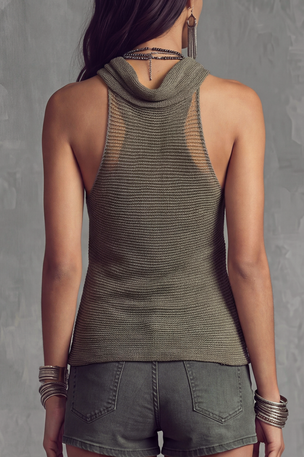 Lunelle Halter Cowl Neck Mesh Top
