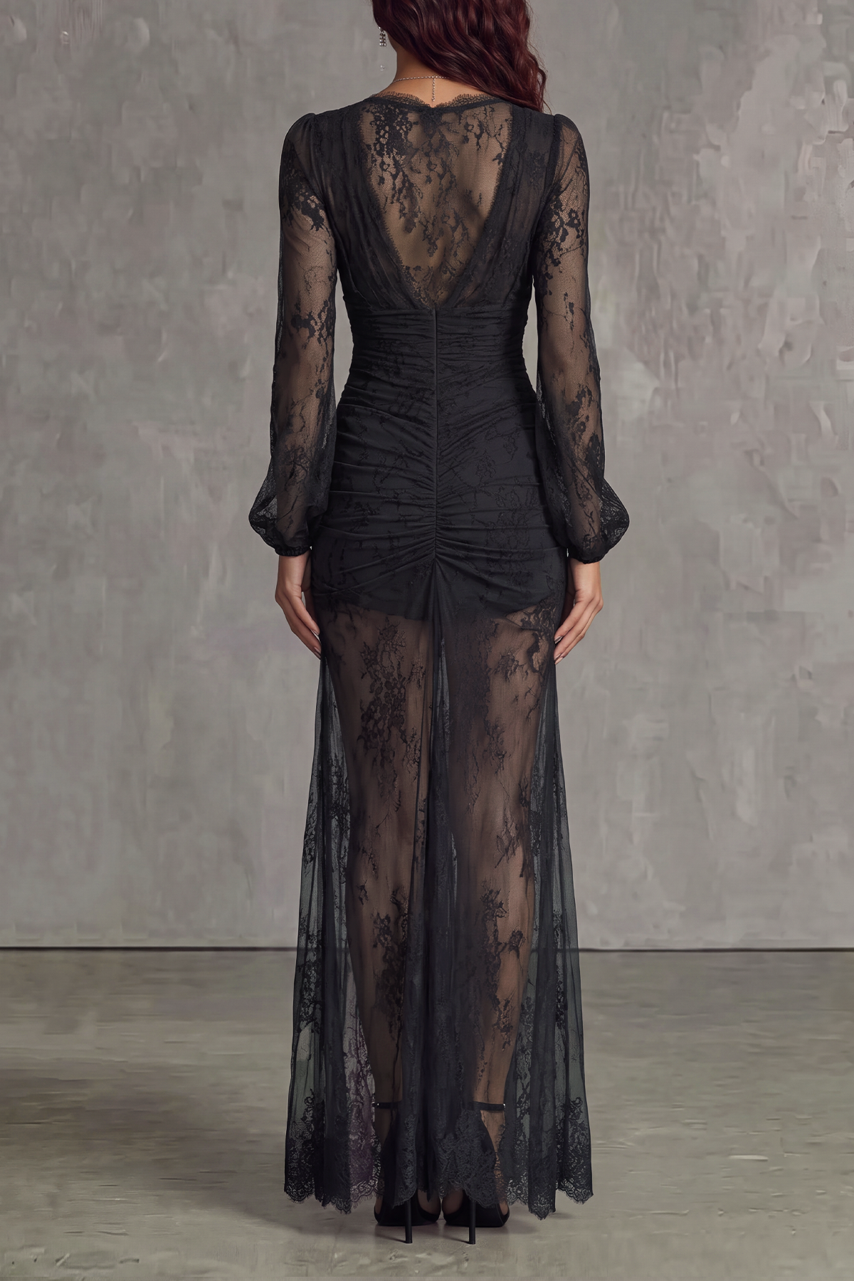 Lysora Plunge Neck Lace Hem Slit Maxi Dress 