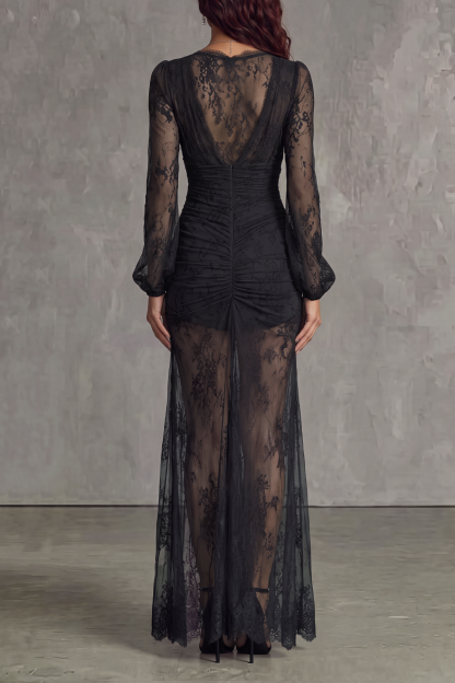 Lysora Plunge Neck Lace Hem Slit Maxi Dress 