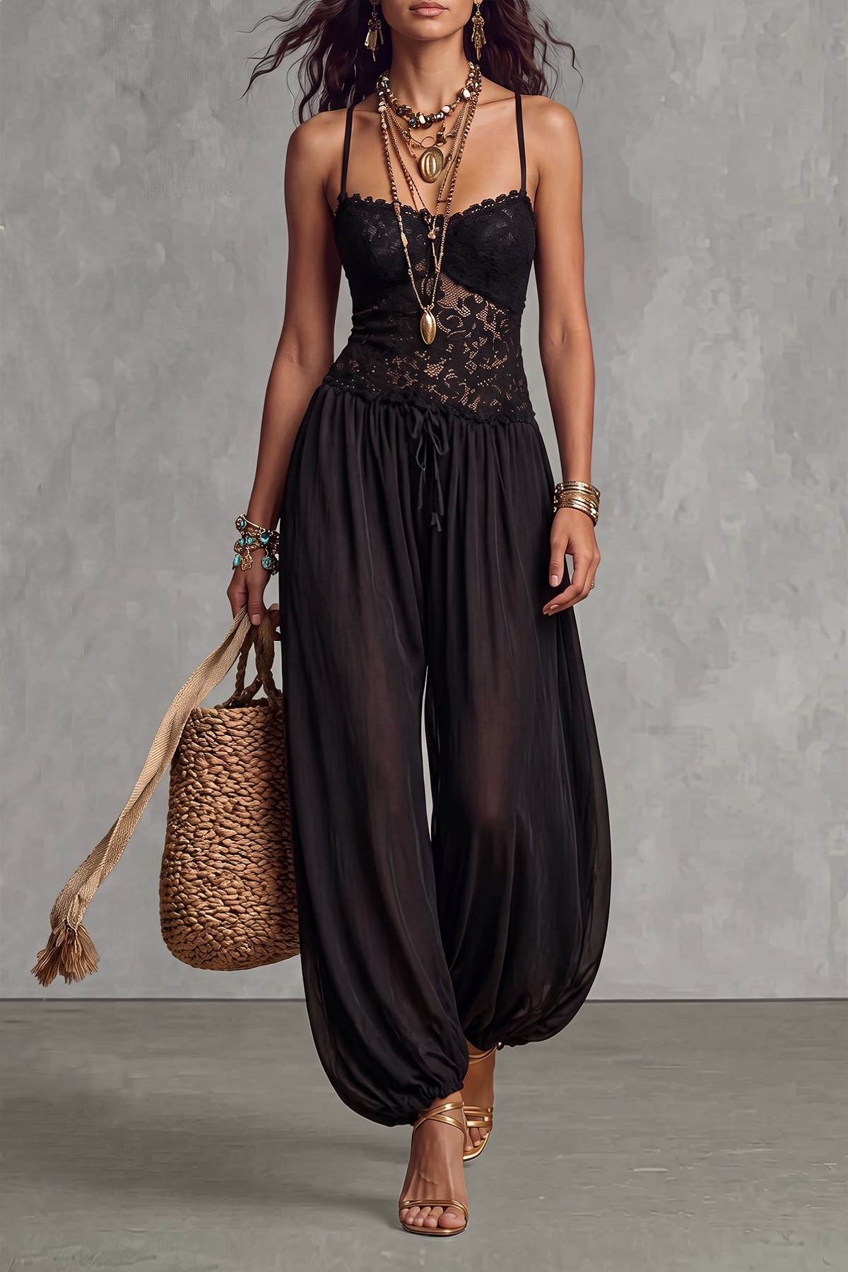 Lyvane Spaghetti Lace Chiffon Jumpsuit