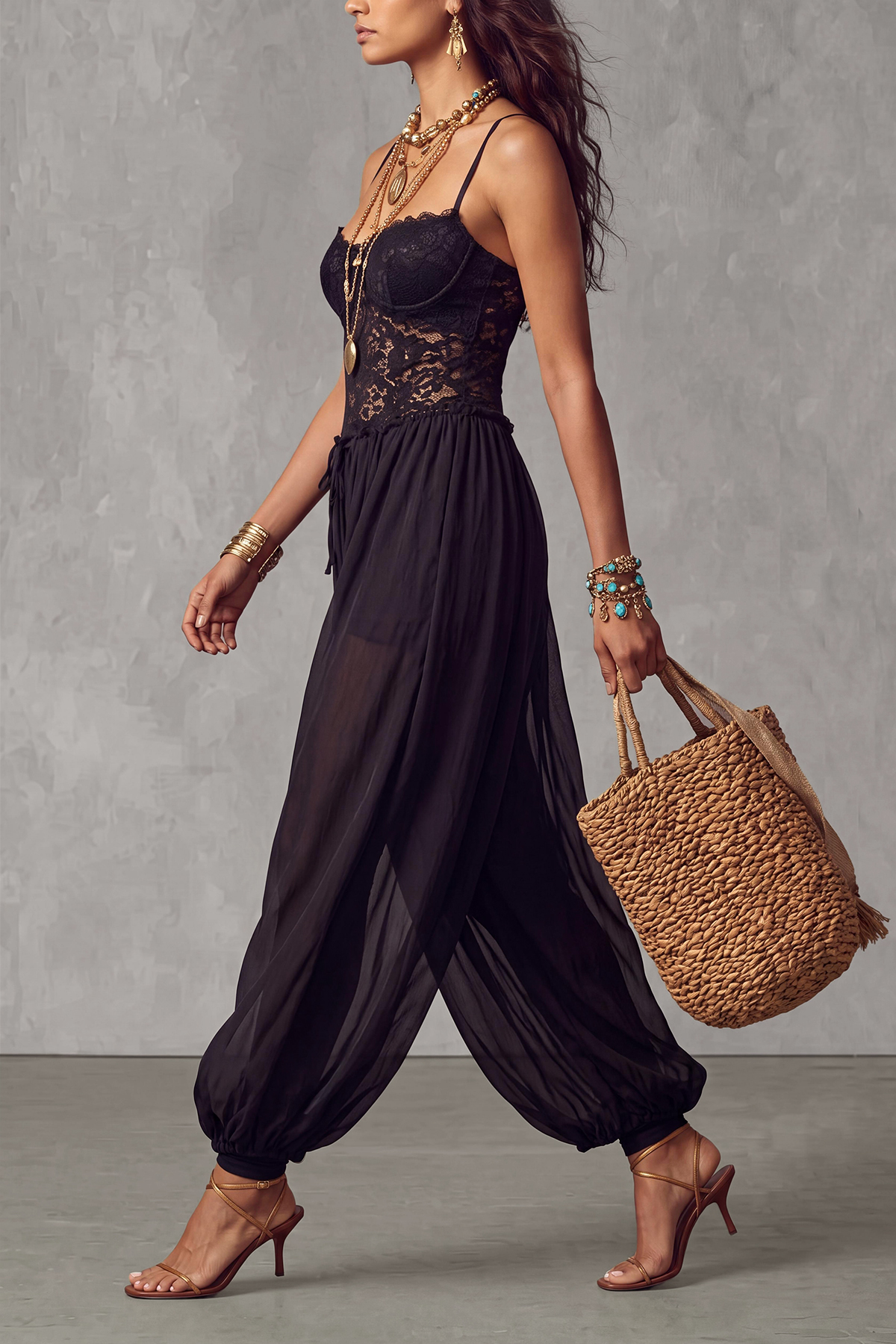 Lyvane Spaghetti Lace Chiffon Jumpsuit